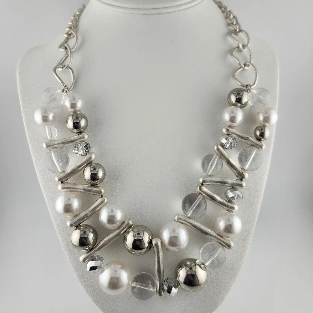 Silver Tone Faux Pearl Clear Bead Statement‎ Necklace.